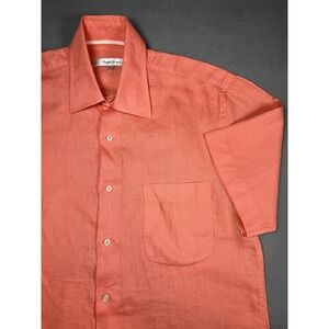 Harry Rosen Mens Shirt Button Up Short Sleeve Coral Orange 100% Linen Pockets